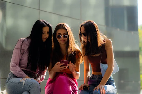 Two Beautiful Attractive Girls Looking Friend Social Media While She — Stock Photo, Image