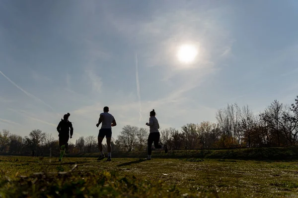 Silhouet Van Drie Geweldige Fit Lopers Samen Hardlopen — Stockfoto