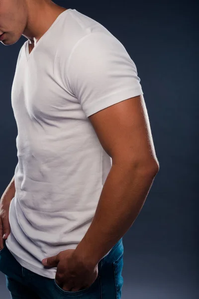 Stylish Fashion Guy Wearing Stylish Blue Jeans White Shirt — Stock Photo, Image