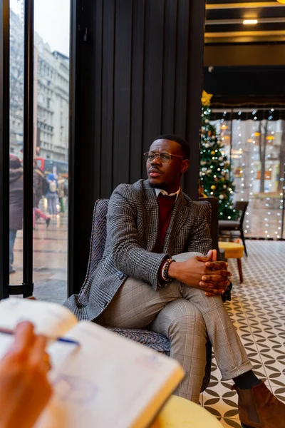 Two Multiracial Business Partners Having Discussion Business Plans Ideas While — Stock Photo, Image