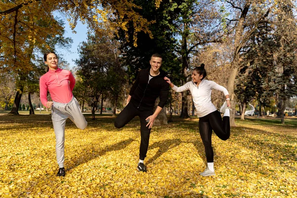 Tres Amigos Increíbles Atractivos Están Estirando Juntos Sonriendo — Foto de Stock