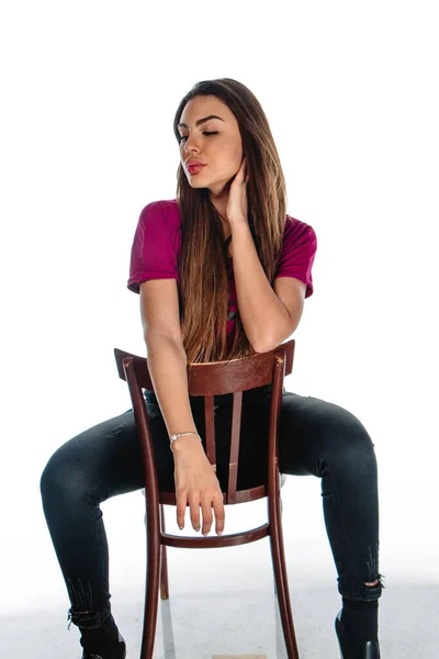 Studio Body Shot Trendy Young Woman Wearing Black Jeans Pants — Stock Photo, Image