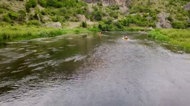 High Speed Drone Take Group Friends Kayaking Together While Having — Stock Video
