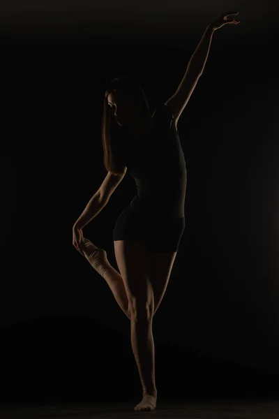 Jovem Bailarina Silhueta Feminina Está Segurando Enquanto Equilibra Outro — Fotografia de Stock