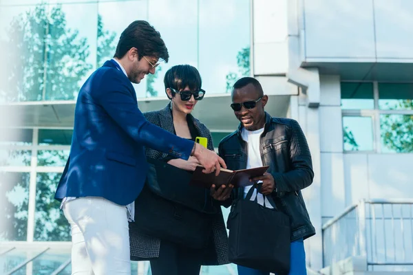 Well Dressed Young Male Discussing Business Project Documents His Multi — Stock Photo, Image