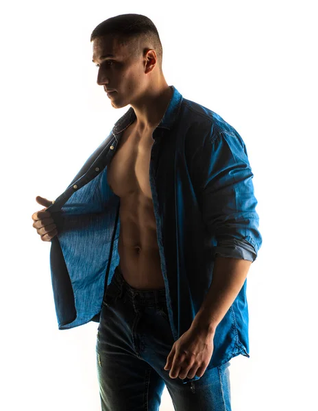 Attractive Handsome Guy Posing While Holding His Shirt — Stock Photo, Image