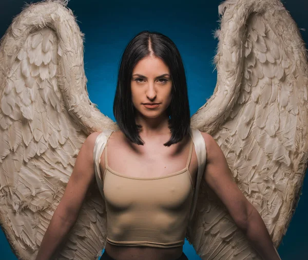 Sensual Girl Wings Being Very Innocent Set While Posing Blue — Stock Photo, Image