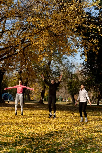 Три Дивовижні Привабливі Друзі Роблять Стрибки Реактивні Вправи Разом Парку — стокове фото