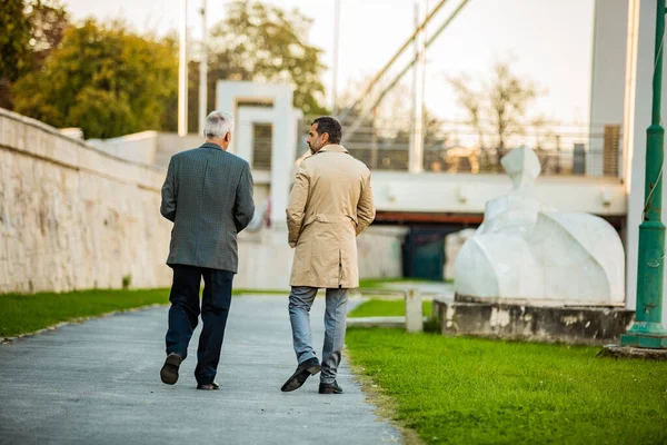 Δύο Εκπληκτικοί Επιχειρηματίες Περπατούν Μαζί Και Μιλάνε — Φωτογραφία Αρχείου