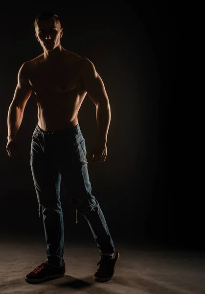 Attractive Handsome Guy Posing Topless Studio While Standing Silhouette — Stock Photo, Image