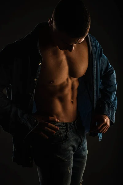 Attractive Handosme Guy Posing Open Shirt Studio While Enjoying Close — Stock Photo, Image