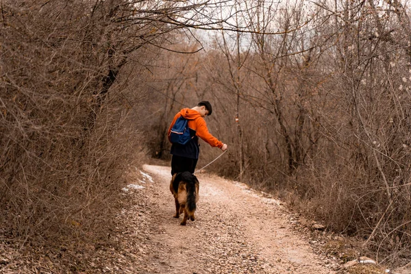 英俊而迷人的家伙正在森林小径上独自遛狗 享受着他的时光 — 图库照片
