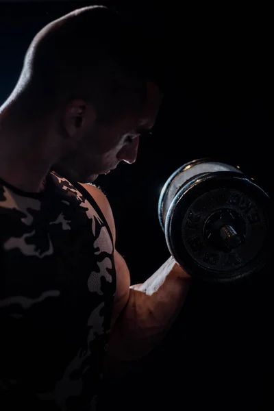 Homem Musculoso Exercitando Ginásio Fazendo Exercícios Com Halteres Homem Forte — Fotografia de Stock