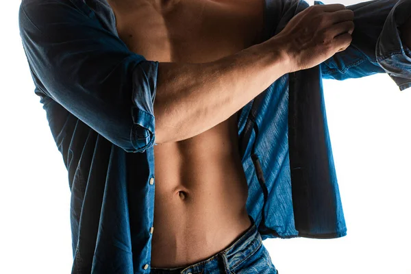 Attractive Handsome Strong Guy Fixing His Shirt Posing Close — Stock Photo, Image