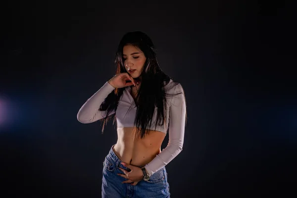 Attractive Girl Being Seductive While Posing Studio Dark Background — Stock Photo, Image