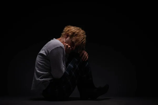 Sad Depressed Boy Sitting Thinking Pain While Crying — стоковое фото
