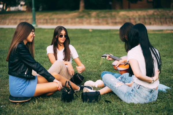 Quatro Incríveis Belas Amigas Estão Sentadas Grama Tocando Guitarra — Fotografia de Stock