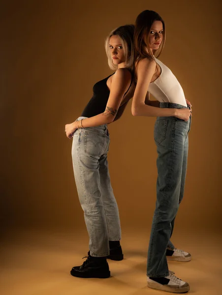 Two Amazing Attractive Girl Friends Posing Together Studio Yellow Background — стоковое фото