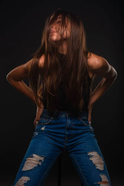 Attractive Beautiful Girl Posing Studio Grey Background While Feeeling Herself — Stock Photo, Image