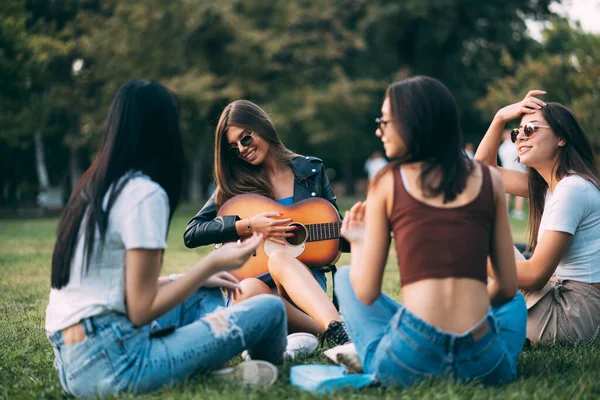 Attractive Girl Smiling Pplaying Guitar While Enjoying Time Her Friends — Fotografia de Stock