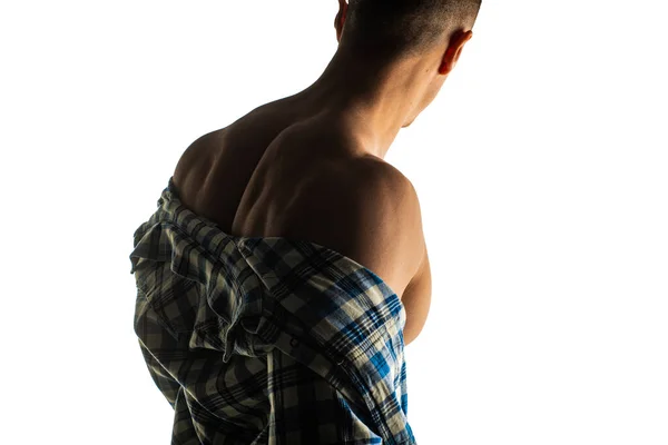 Attractive Handsome Guy Posing Back Pulling His Shirt Close — Stock Photo, Image