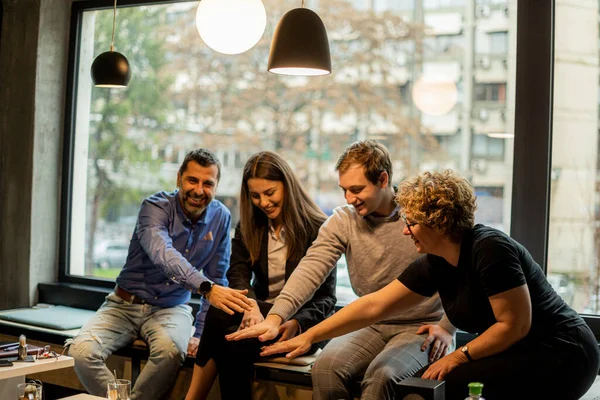 Group Amazing Business People Putting Hands Middle Team While Smiling — Photo