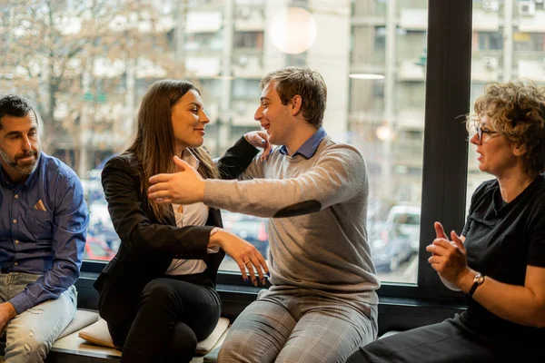 Two Amazing Attractive Young Business People Going Hug Each Other — Stok fotoğraf