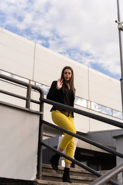 Attractive Beautiful Businesswoman Walking Stairs — стоковое фото