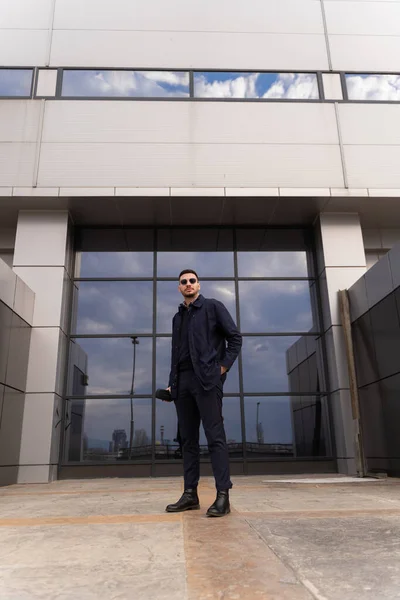 Attractive Amazing Businessman Posing Front Building — Stockfoto