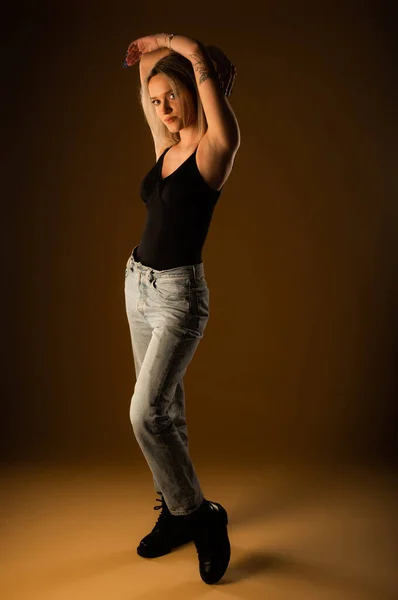 Attractive Beautiful Young Girl Standing Smiling While Posing Studio Yellow — Photo