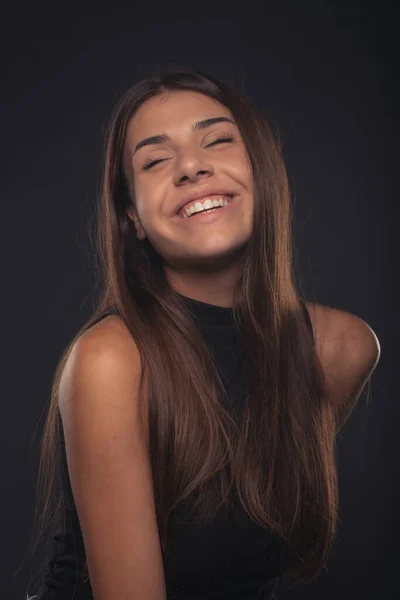 Portrait Beautiful Andhappy Girl Laughing Posing Studio Grey Background — Foto de Stock