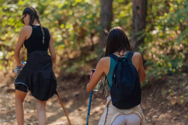 Siostry Spacerujące Pięknych Lasach Nosząc Plecak Ciesząc Się Przyrodą Łączenie — Zdjęcie stockowe