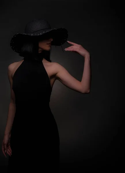 Sensual Portrait Elegant Woman Black Dress Black Hat Studio Stock Image