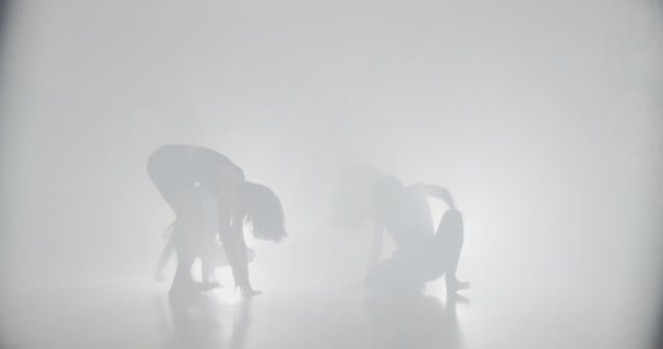Group Multiracial Dancers Dancing Improvising Foggy Studio — 图库视频影像