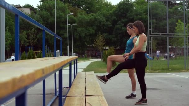 Twee Mooie Aantrekkelijke Jonge Meisjes Strekken Zich Samen Bank Slow — Stockvideo