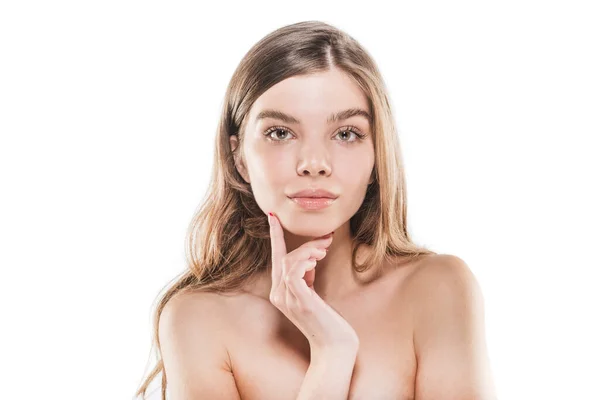 Rapariga Atraente Bonita Com Pele Fresca Está Tocando Seu Rosto — Fotografia de Stock
