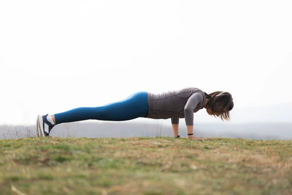 Amazing Active Woman Doing Plank Forest Training — Stock Photo, Image