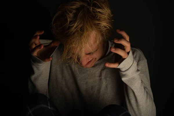 Broken Boy Getting Hit Anxiety While Suffering Voices His Head — Stock Photo, Image