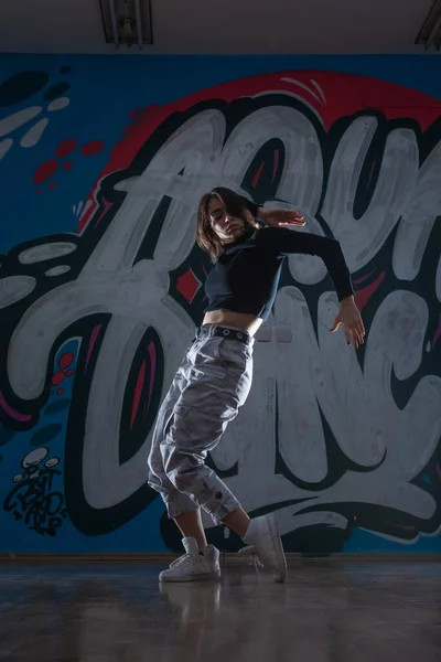 落書きスタジオの背景で踊る若い女性ヒップホップダンサー ブレイクダンサー のシルエット コントラストカラー — ストック写真