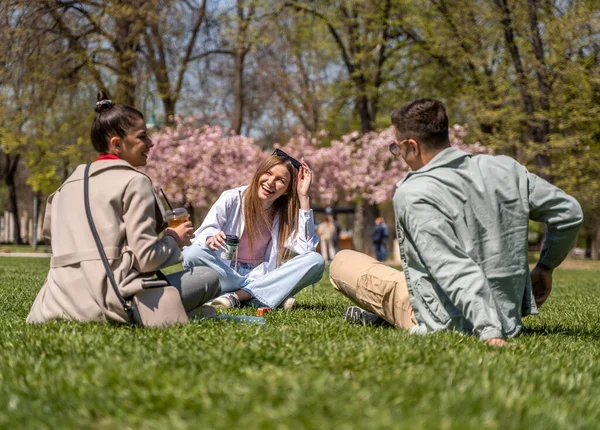 Groupe Jeunes Étudiants Souriants Attractifs Habillés Occasionnels Amuser Sur Campus — Photo