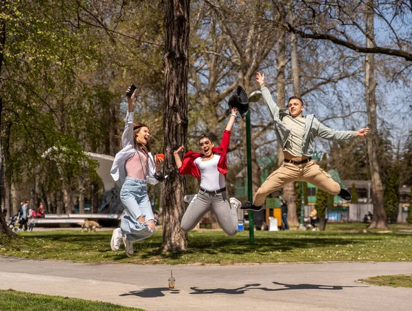 公園の屋外で空中ジャンプしながら一緒に時間を楽しむ白人女性と男性の友人のグループの肖像画 — ストック写真