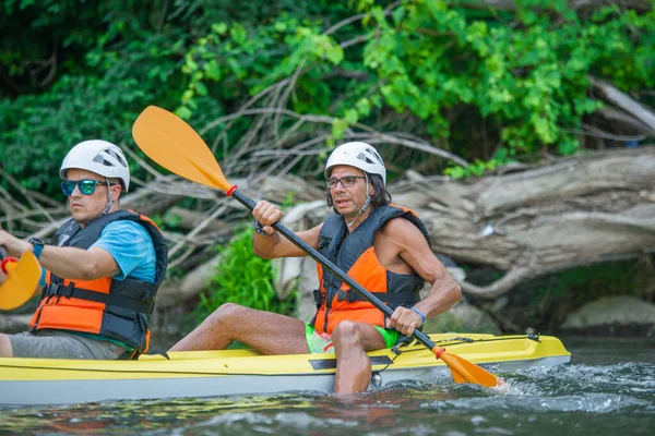 Portrait Two Senior Handsome Males Canoeing Together Same Kayak — ストック写真
