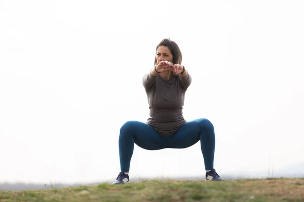 Amazing Active Woman Doing Some Squats Exercise Forest — Stock Photo, Image