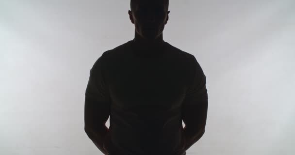 Man Isolated Gray Standing Still Camera — Stockvideo