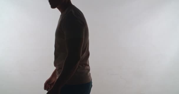 Unknown Man Shirt Standing Studio Isolated Gray — Stockvideo