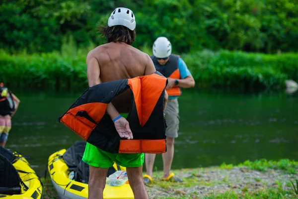 Portrait Fit Senior Kayaker Getting Out Safety Jacket — Zdjęcie stockowe