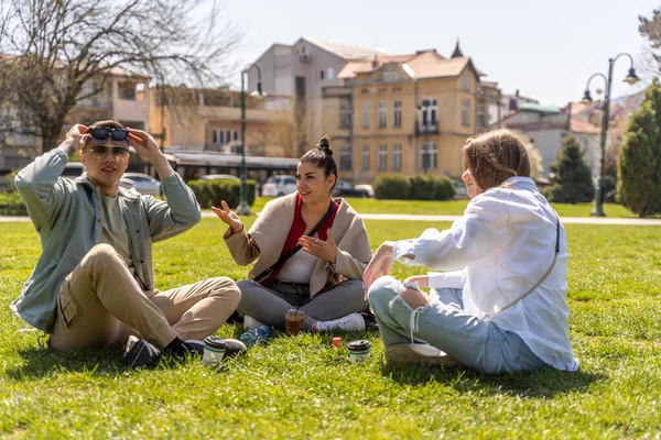 Outdoor Shot Happy Young Friends Sitting Together Grass Field Man — Stock Photo, Image