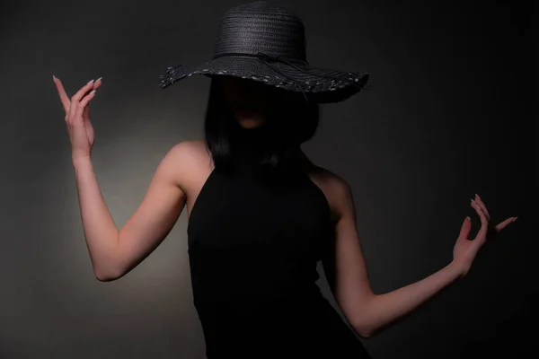 Mystery Girl Posing Her Arms Black Dress Studio — Stock Photo, Image