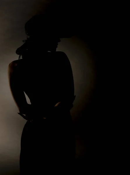 美しいですシルエットの女の子の服で黒ドレスでスタジオ — ストック写真