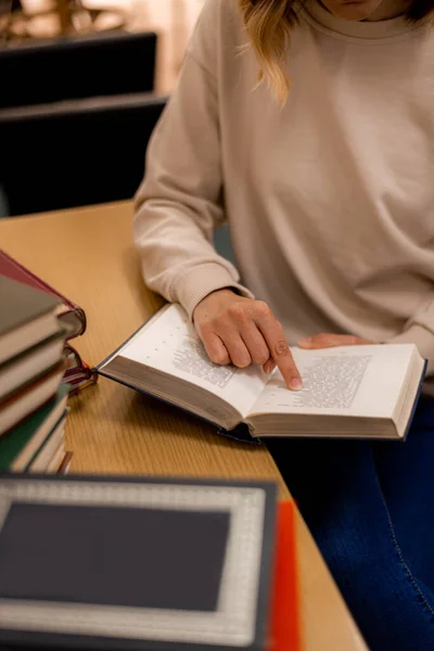 Girl Pointing Important Part Book Library — Stok fotoğraf